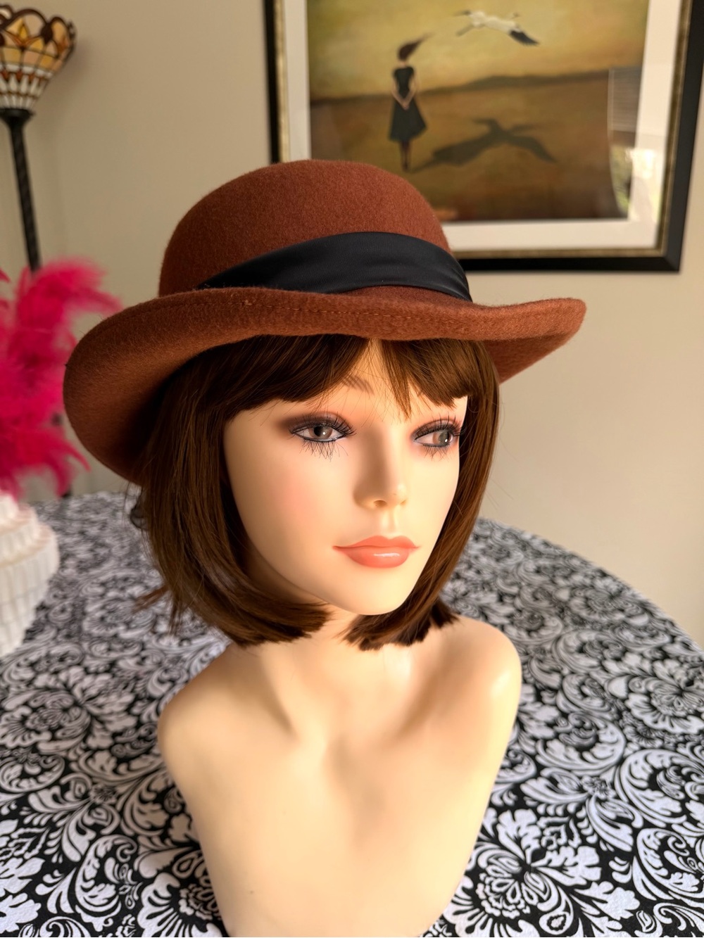 Vintage Arlin 100% Wool Rust Brown Wide Brim Bow Hat Made USA